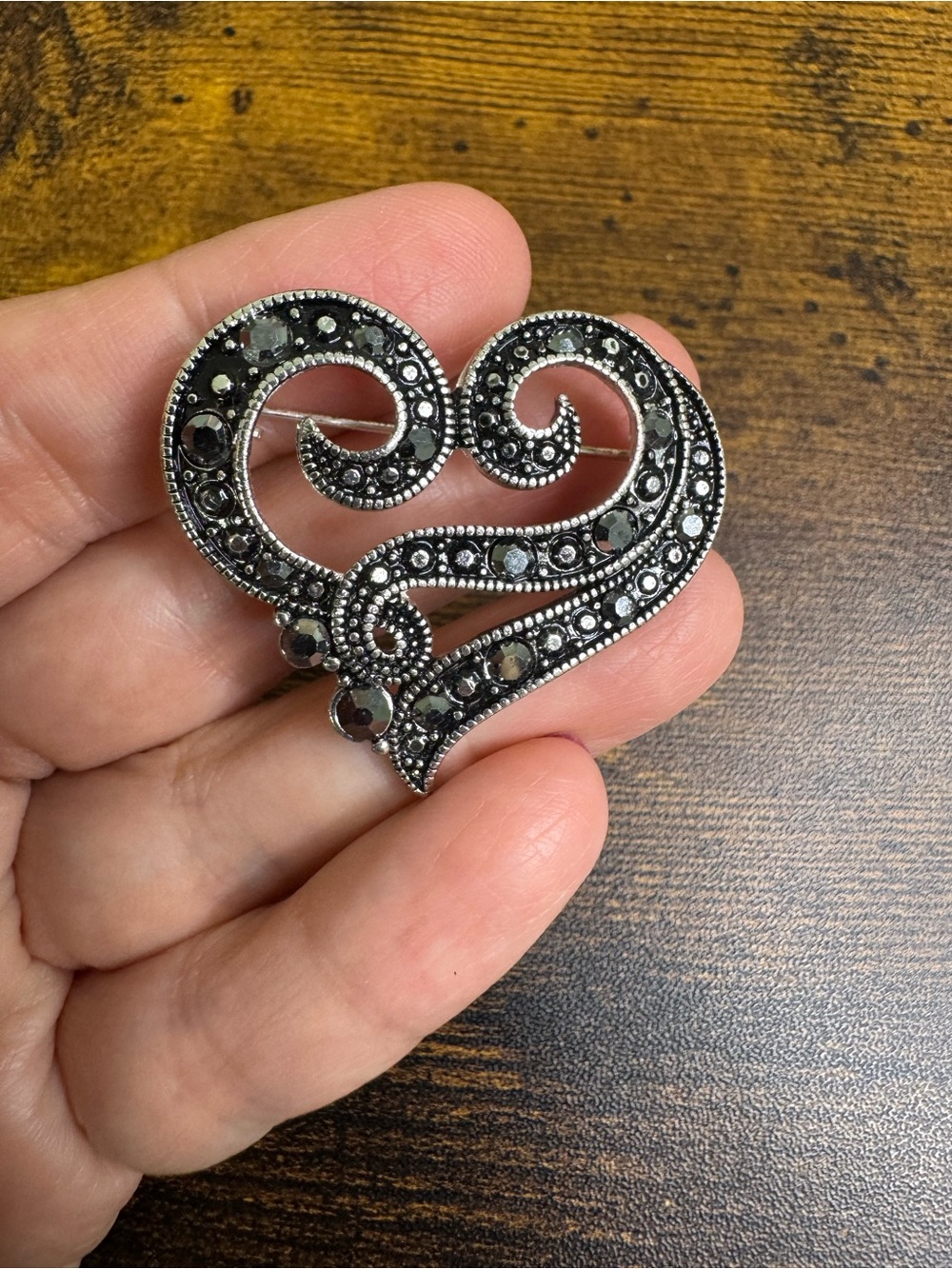 Vintage Black and Silver Heart Marcasite Brooch